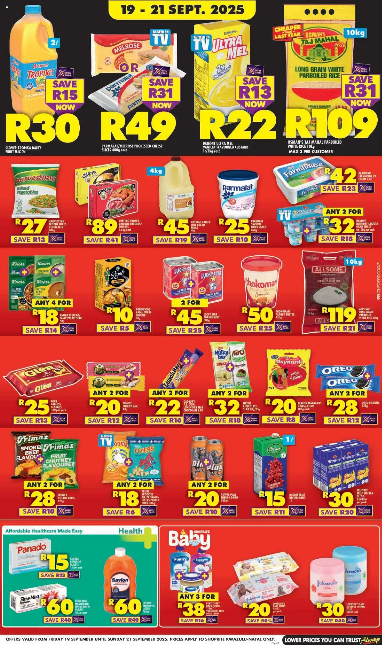 New Shoprite catalogue – valid from 19.09.2025 | Page: 3 | Products: Corned meat, Biscuits, Chocolate, Powder