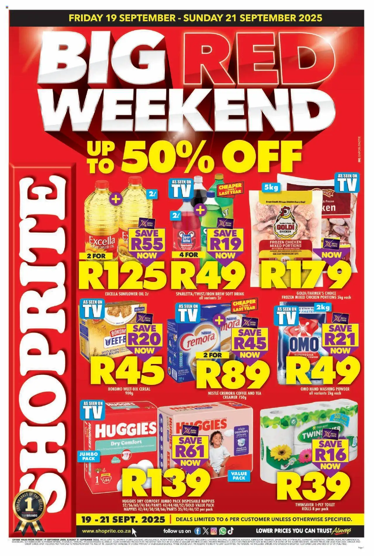 New Shoprite catalogue – valid from 19.09.2025 | Page: 1 | Products: Toilet, Oil, Tea, Nappies