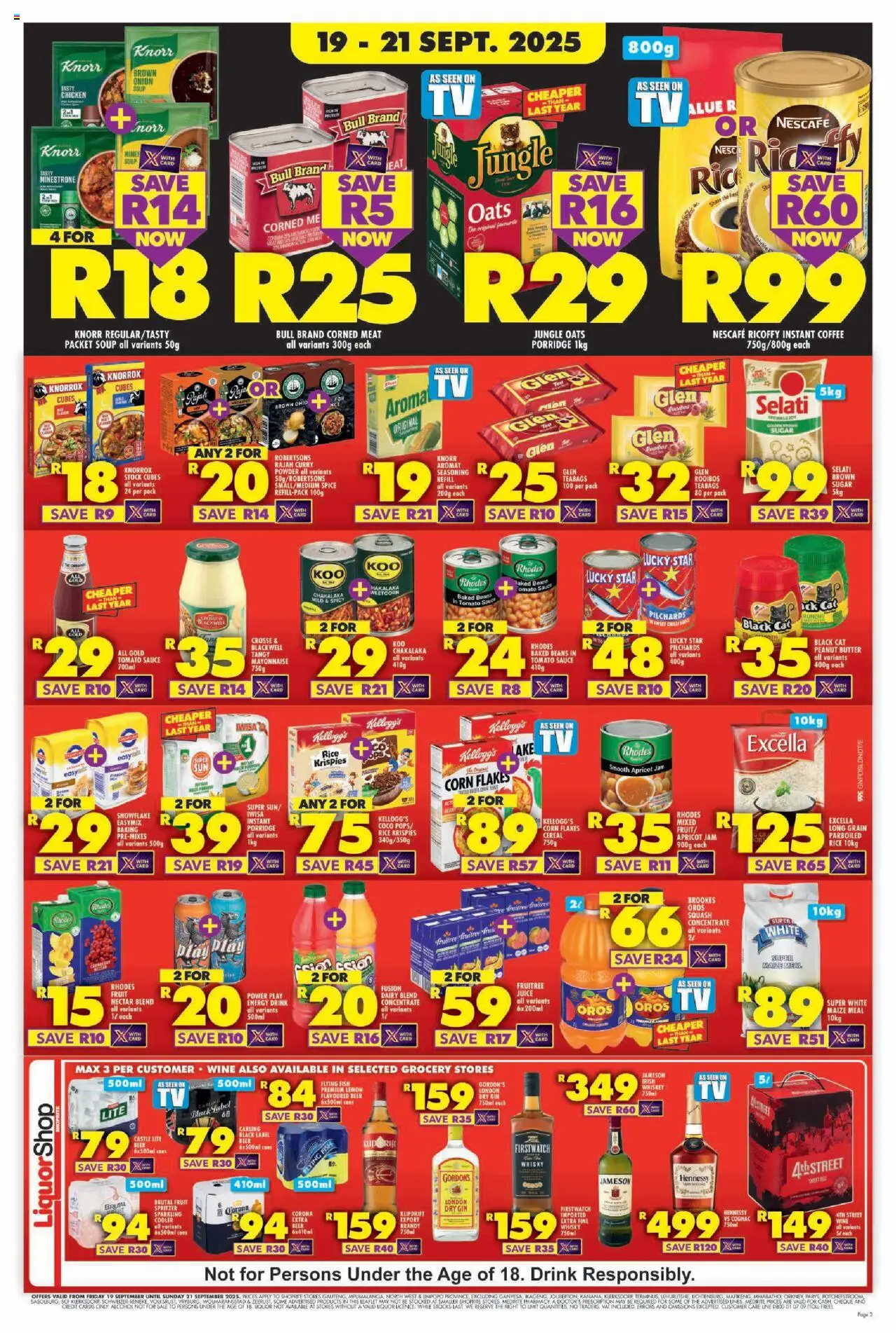 New Shoprite catalogue – valid from 19.09.2025 | Page: 3 | Products: Beer, Rice, Whiskey, Fruit