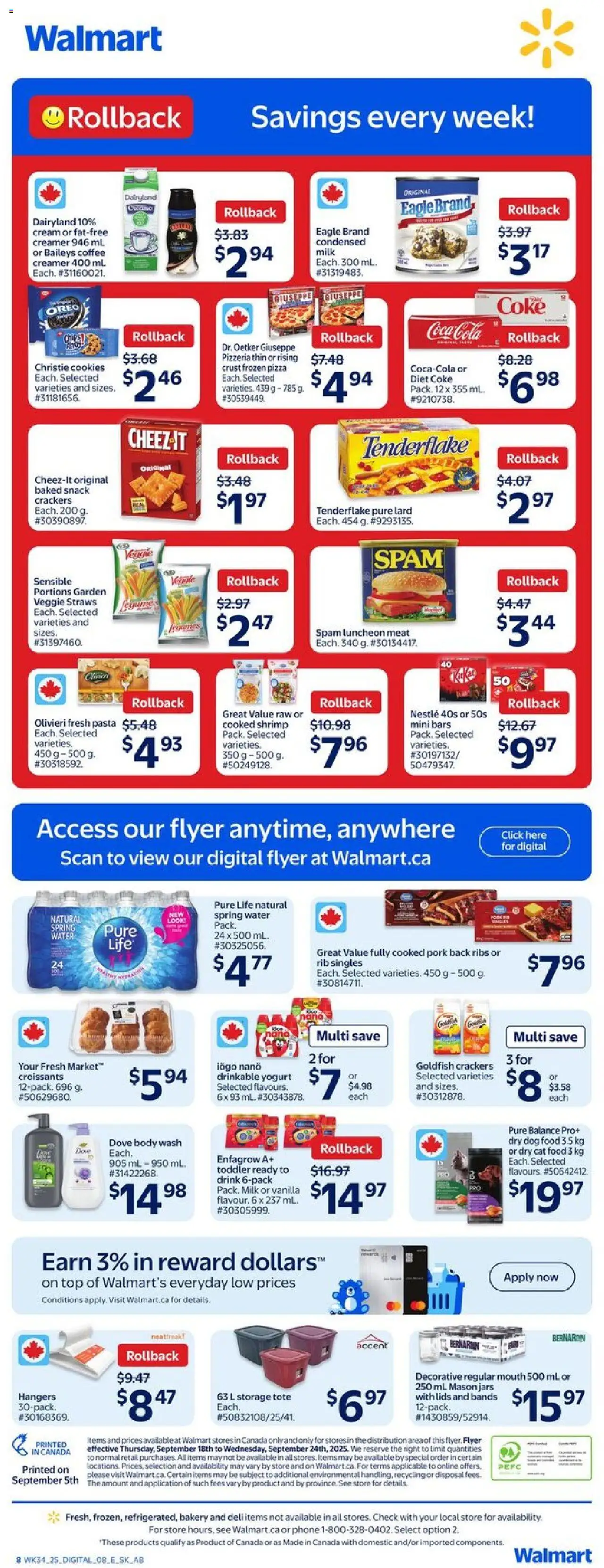 Walmart flyer valid from 18.09.2025 | Page: 2 | Products: Pasta, Cream, Milk, Pizza