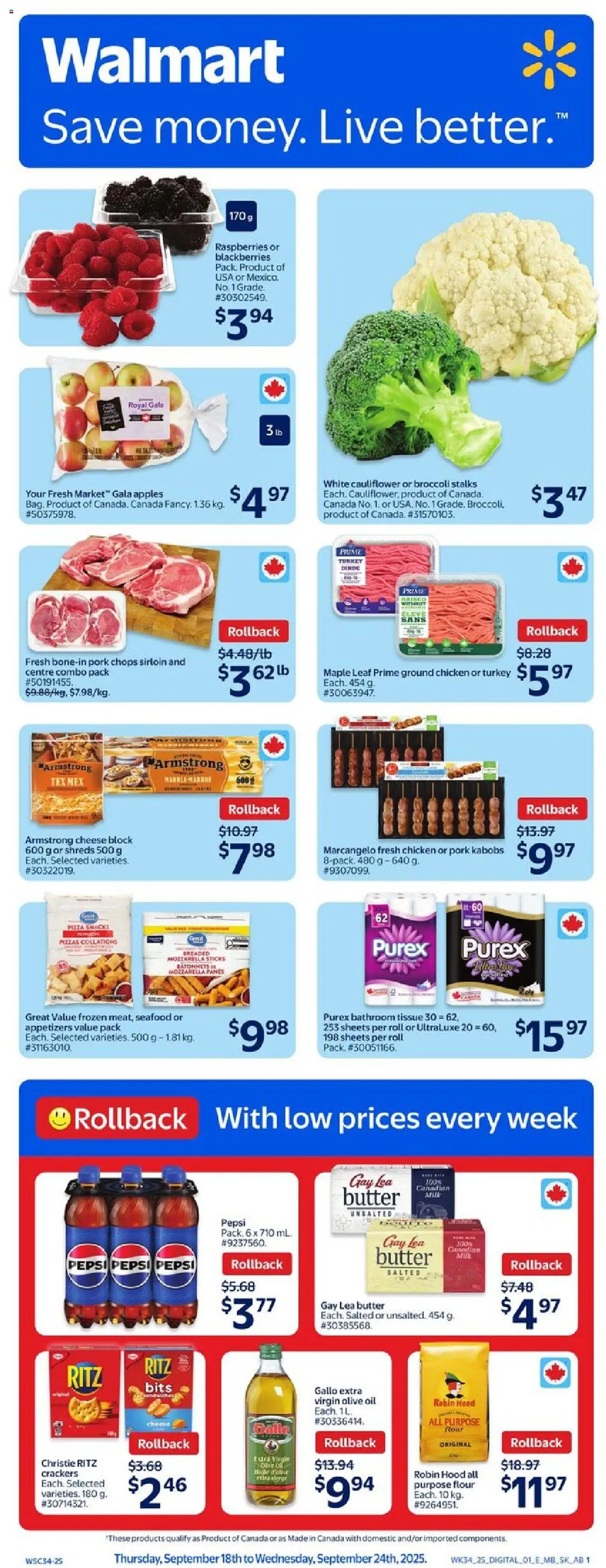Walmart flyer valid from 18.09.2025 | Page: 1 | Products: Turkey, Butter, Pork, Apples