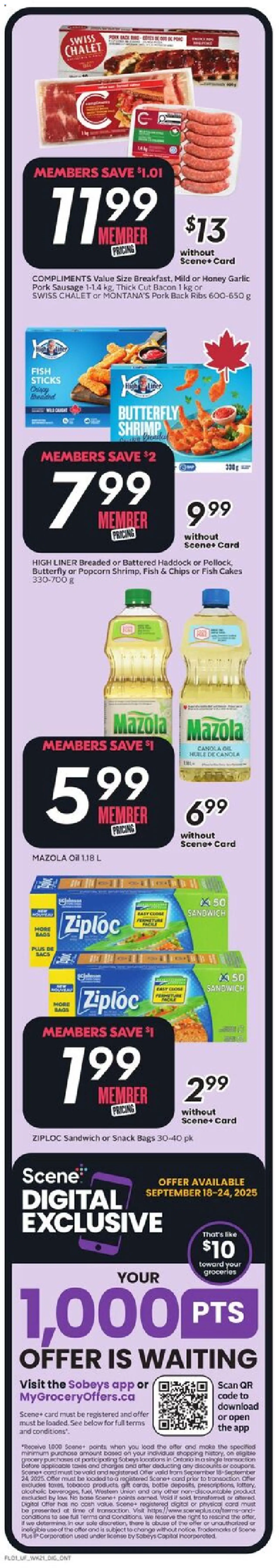 Sobeys flyer valid from 18.09.2025 | Page: 2 | Products: Fish, Chips, Oil, Pork
