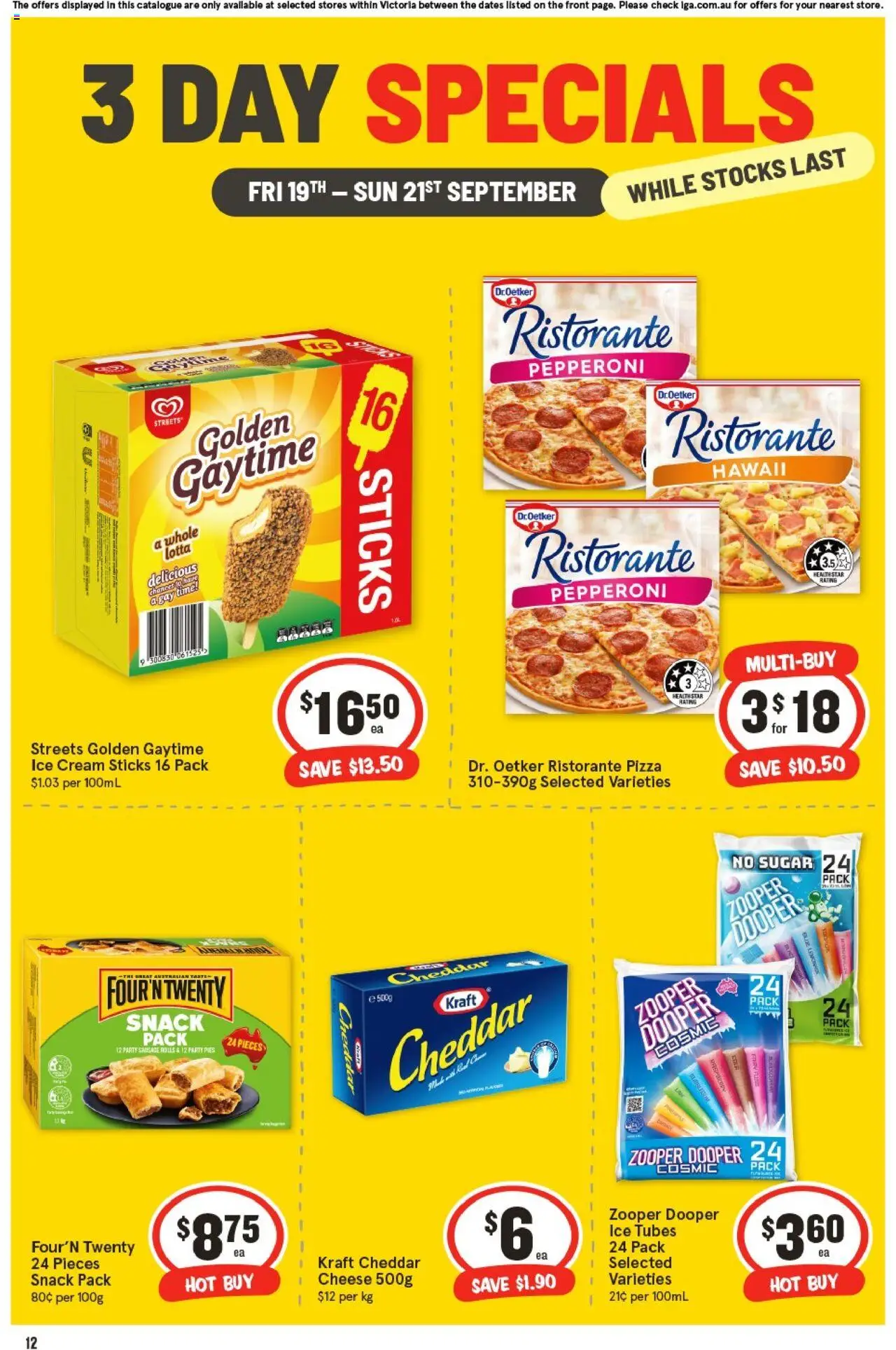 IGA catalogue - valid from 19.09.2025 | Page: 3 | Products: Cheese, Ice cream, Sugar, Pies