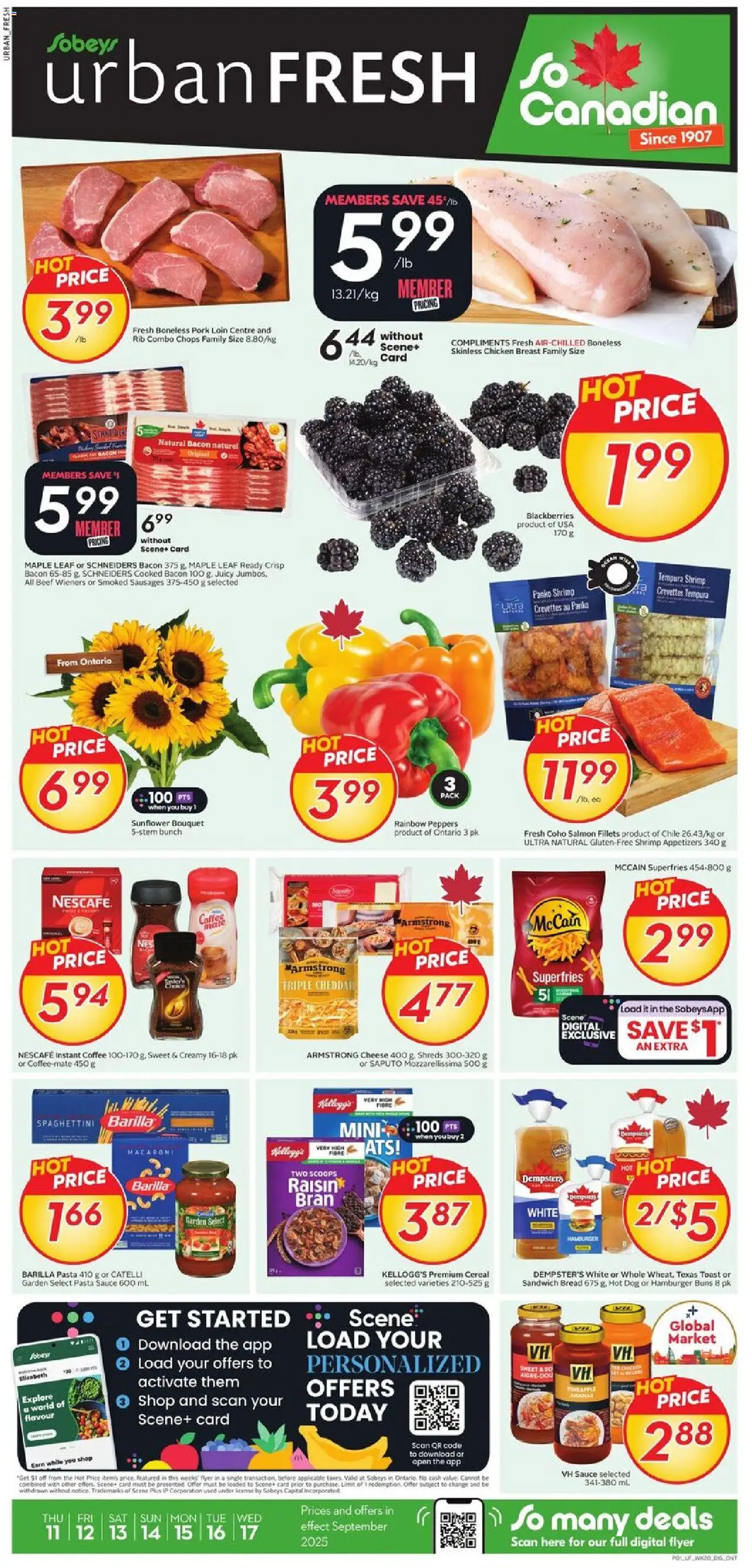 Sobeys flyer valid from 11.09.2025 | Page: 1 | Products: Beef, Pasta, Cheese, Pork