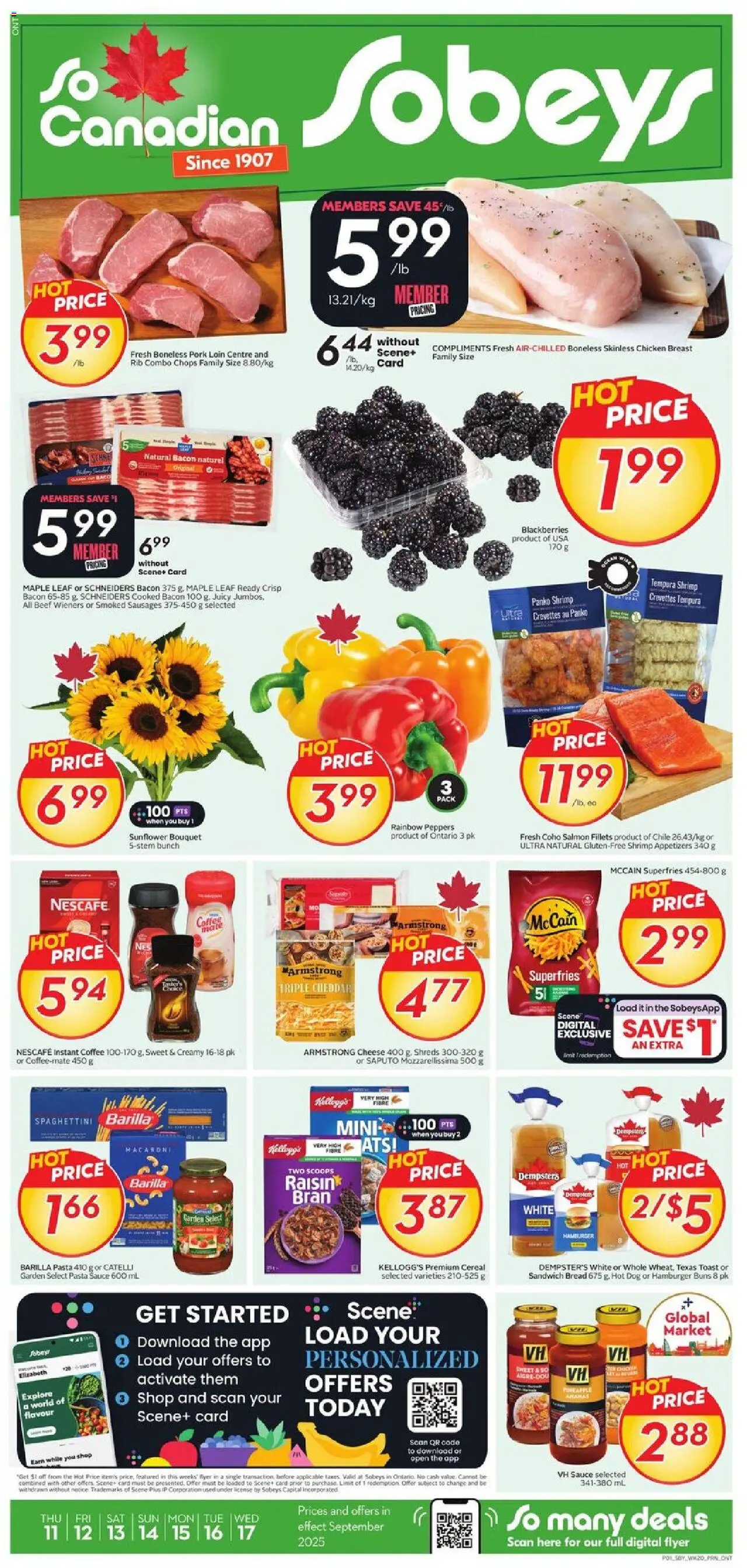 Sobeys flyer valid from 11.09.2025 | Page: 1 | Products: Beef, Pineapple, Cheese, Bread