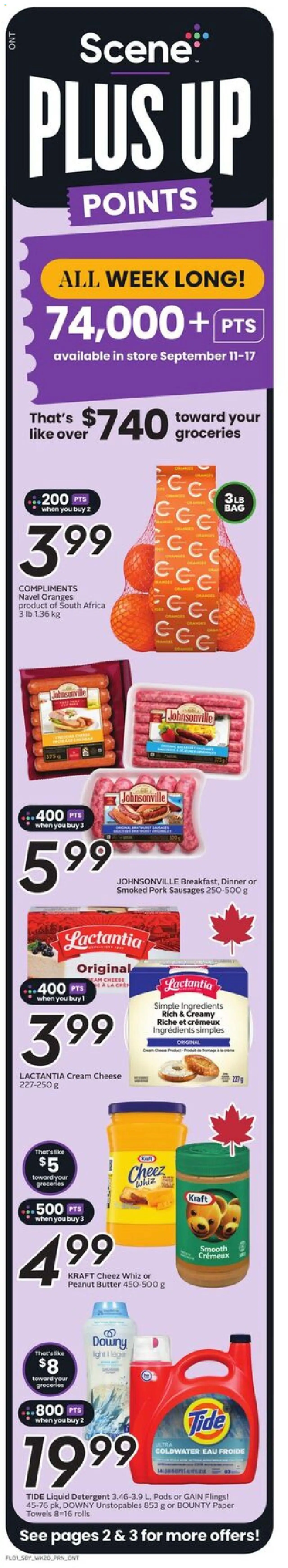 Sobeys flyer valid from 11.09.2025 | Page: 2 | Products: Detergent, Butter, Pork, Oranges