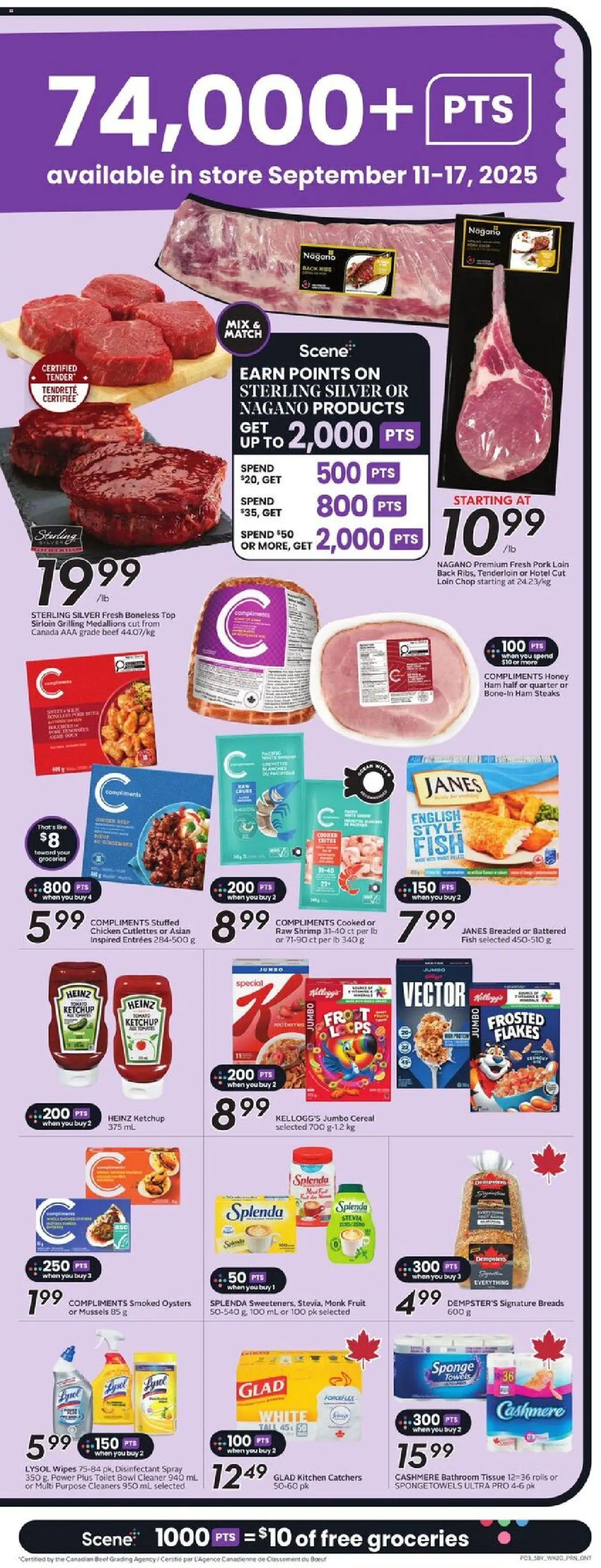 Sobeys flyer valid from 11.09.2025 | Page: 6 | Products: Beef, Flakes, Sponge, Ham