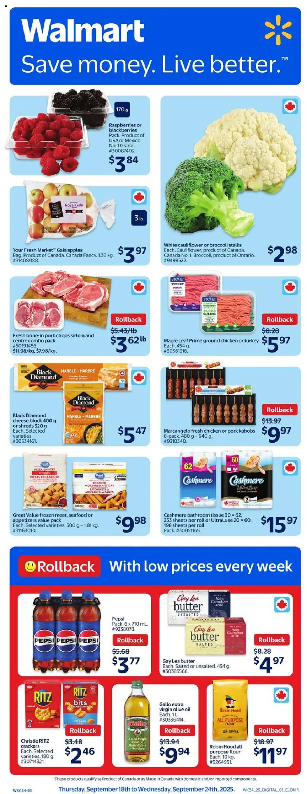 Walmart flyer valid from 18.09.2025 | Page: 1 | Products: Butter, Cheese, Chicken, Apples