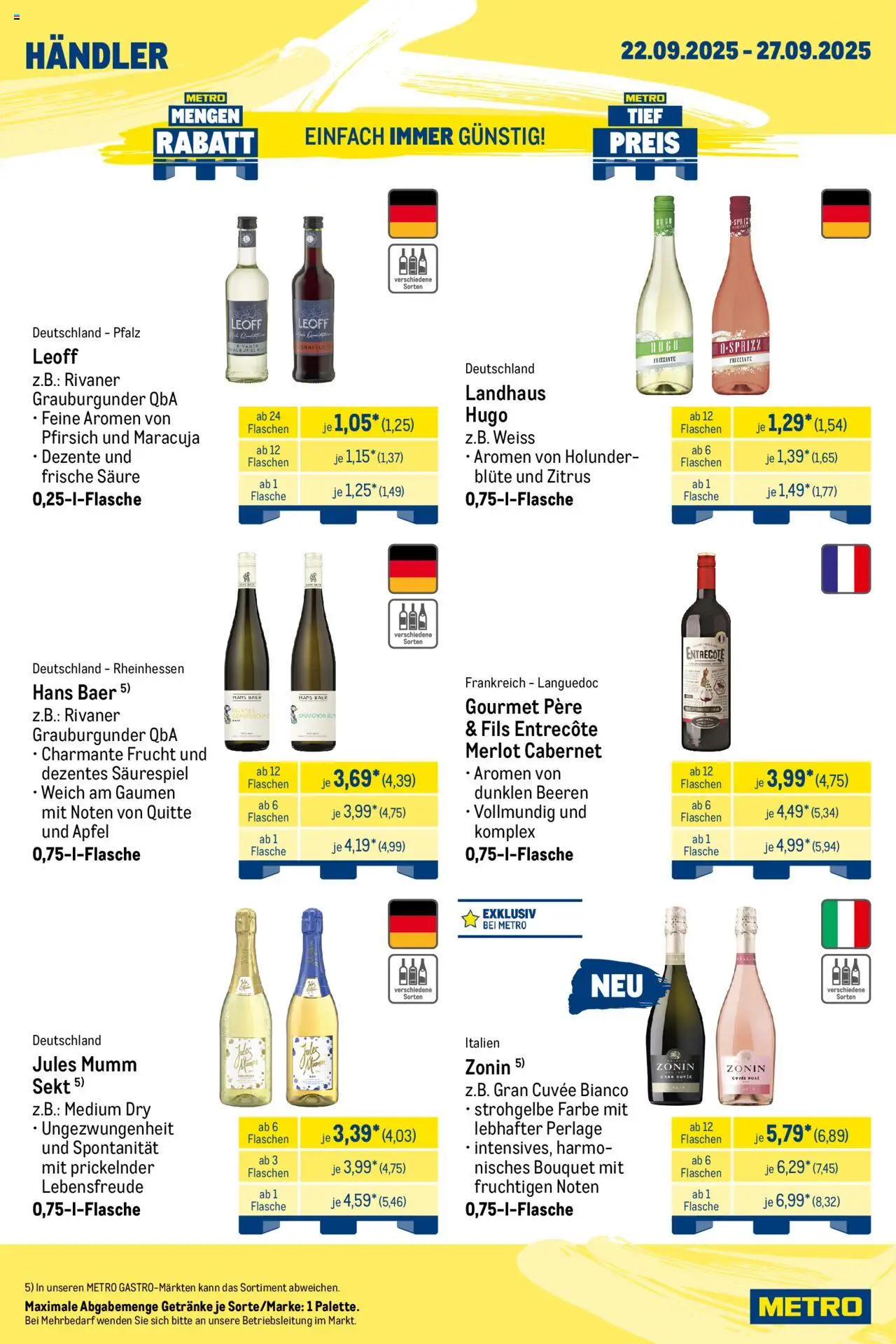Metro Wochen-Angebote Händler – gültig ab 22.09.2025 | Seite: 4 | Produkte: Sekt, Merlot, Entrecote, Pfirsich