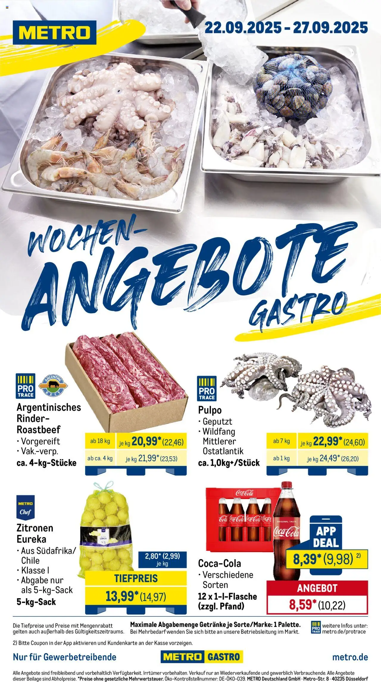 Metro Wochen-Angebote Gastro – gültig ab 22.09.2025 | Seite: 1 | Produkte: Coca cola, Cola, Roastbeef, Zitronen