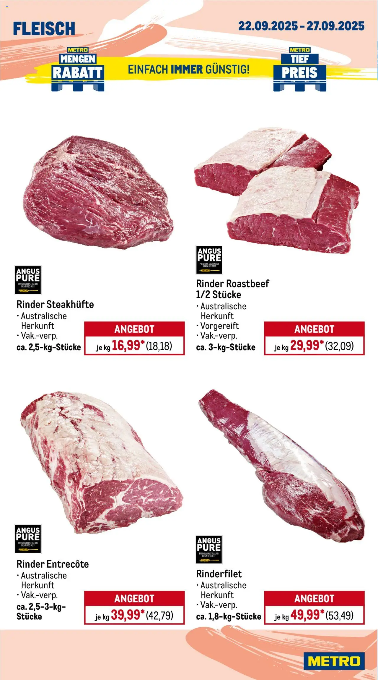 Metro Wochen-Angebote Gastro – gültig ab 22.09.2025 | Seite: 4 | Produkte: Rinderfilet, Entrecote, Roastbeef, Fleisch