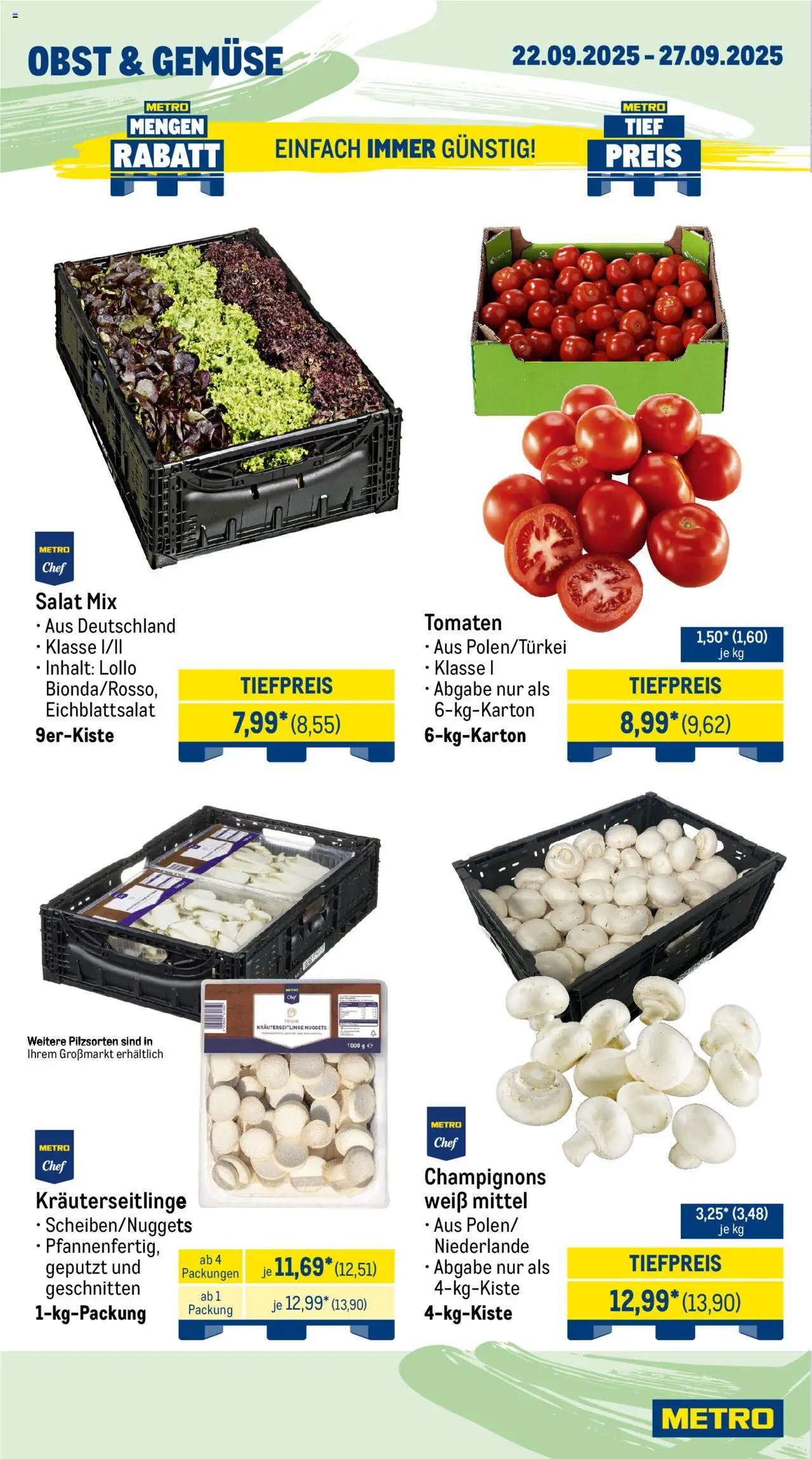 Metro Wochen-Angebote Gastro – gültig ab 22.09.2025 | Seite: 8 | Produkte: Tomaten, Champignons, Gemüse, Salat
