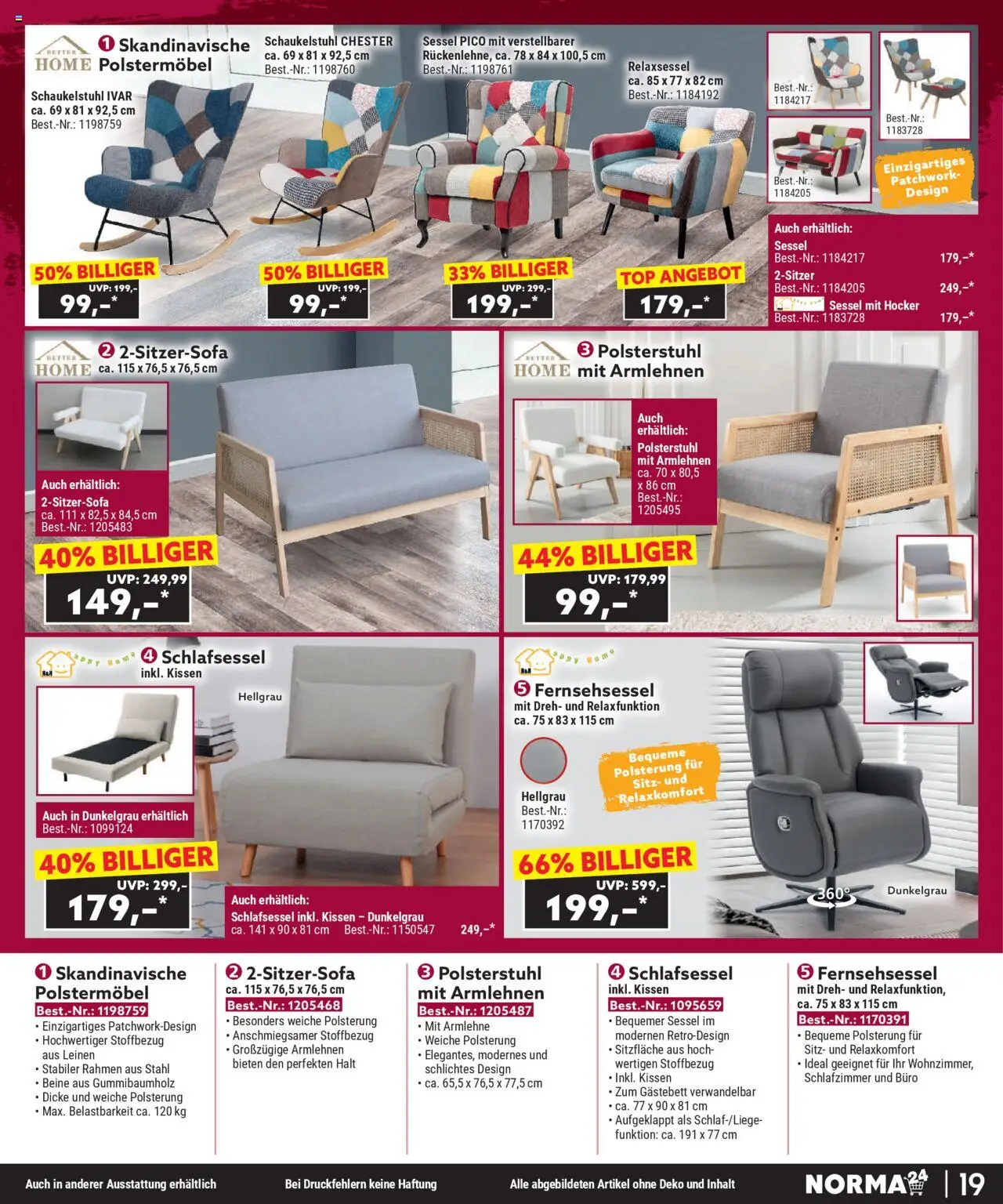 Norma Bestellmagazin September 2025 – gültig ab 01.09.2025 | Seite: 19 | Produkte: Hocker, Relaxsessel, Fernsehsessel, Sessel