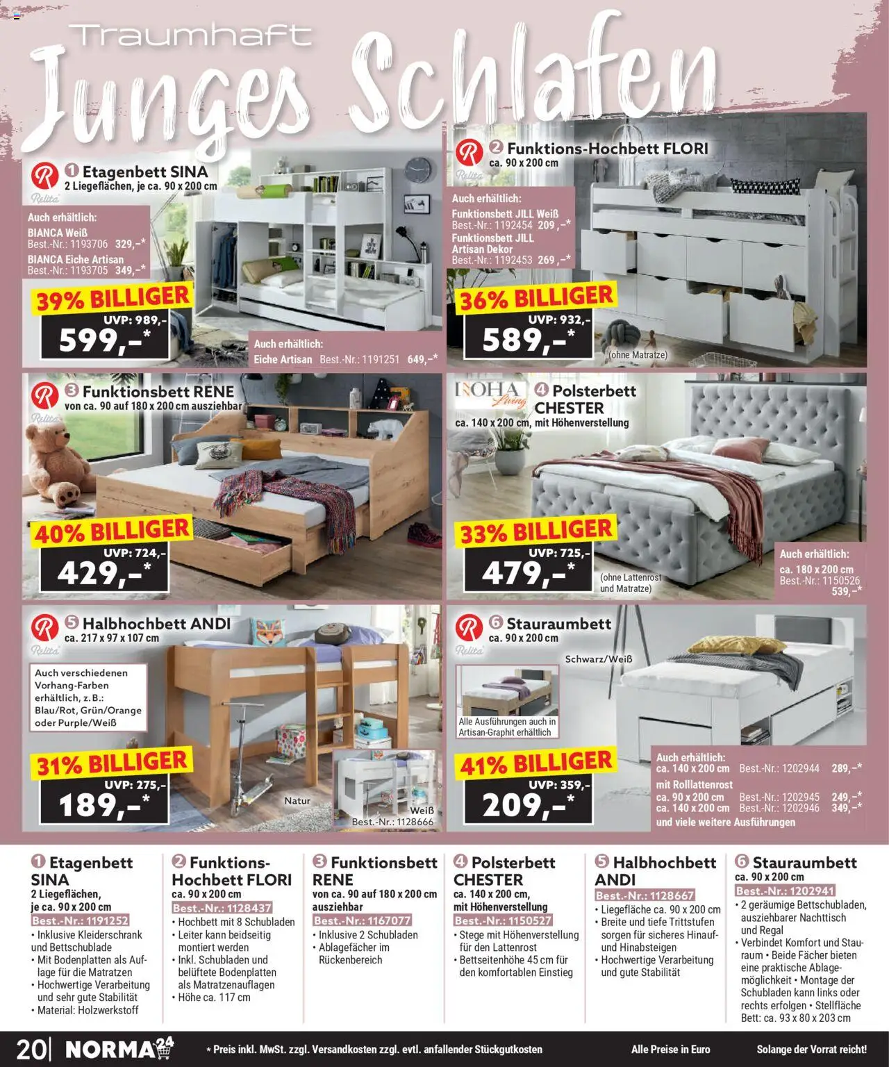 Norma Bestellmagazin September 2025 – gültig ab 01.09.2025 | Seite: 20 | Produkte: Matratze, Kleiderschrank, Nachttisch, Regal