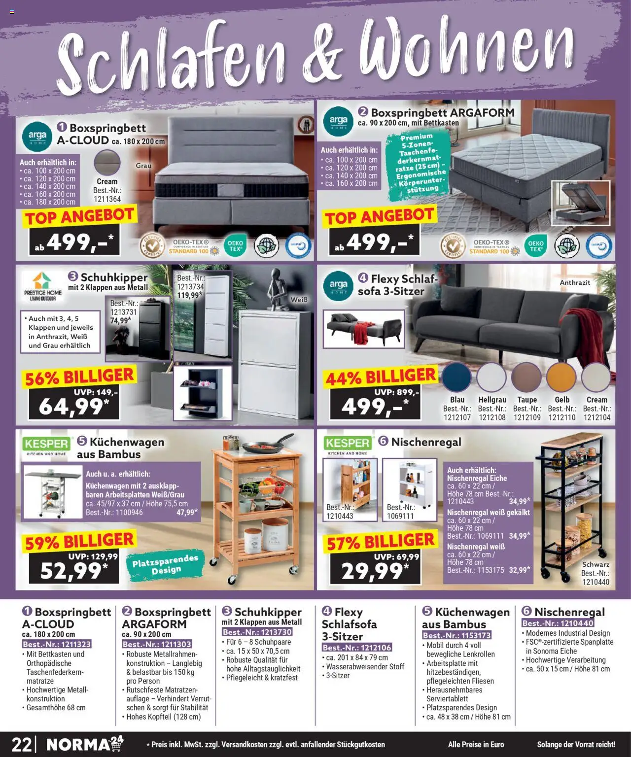 Norma Bestellmagazin September 2025 – gültig ab 01.09.2025 | Seite: 22 | Produkte: Top, Schlafsofa, Matratze, Schuhkipper