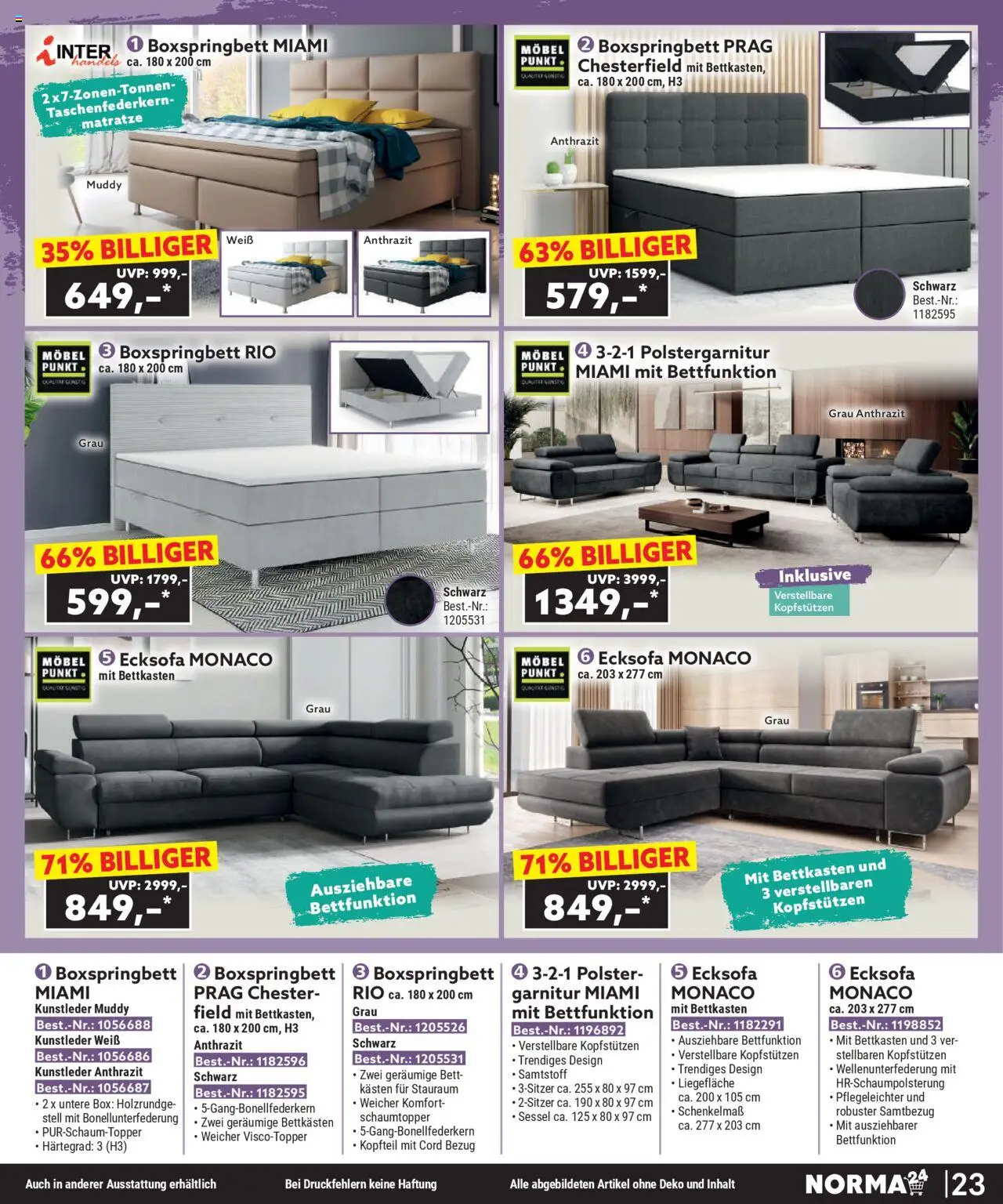 Norma Bestellmagazin September 2025 – gültig ab 01.09.2025 | Seite: 23 | Produkte: Ecksofa, Bett, Matratze, Sessel