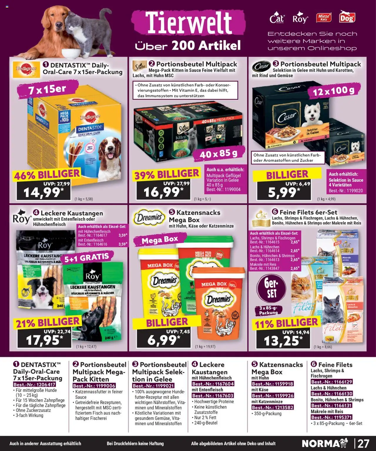 Norma Bestellmagazin September 2025 – gültig ab 01.09.2025 | Seite: 27 | Produkte: Sheba, Lachs, Gemüse, Pedigree