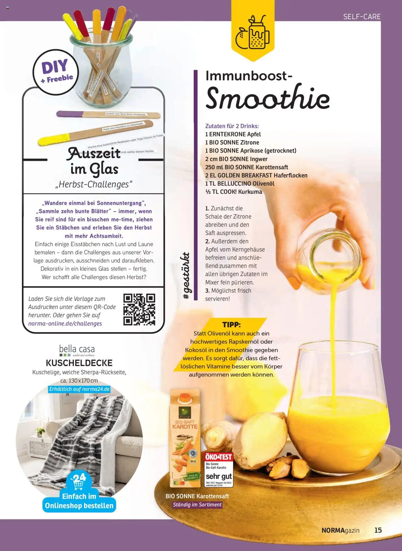 Norma NORMAgazin September/Oktober 2025 – gültig ab 01.09.2025 | Seite: 15 | Produkte: Mixer, Olivenol, Zitrone, Karotte