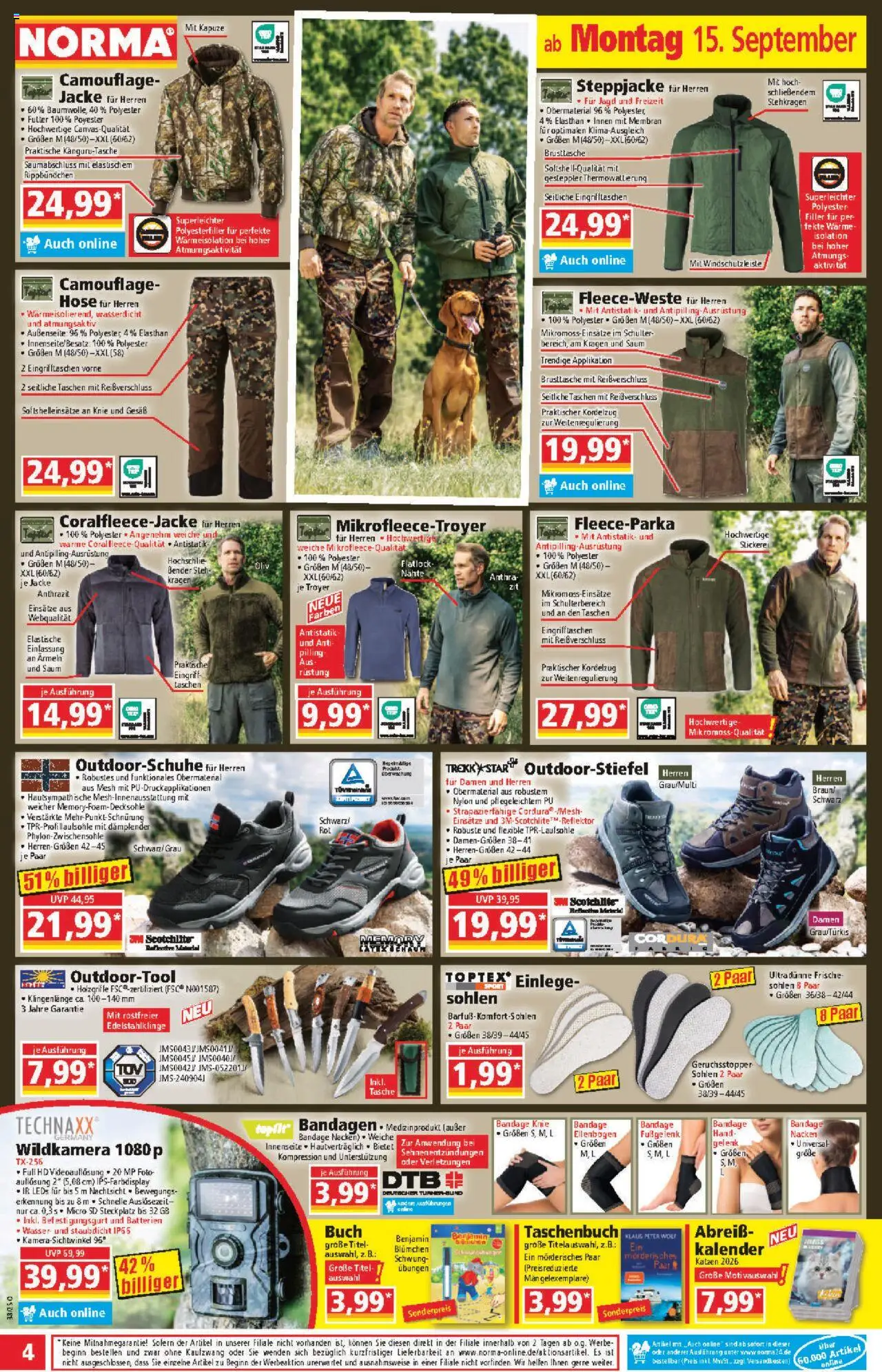 Norma Prospekt 	 – gültig ab 15.09.2025 | Seite: 4 | Produkte: Batterien, Steppjacke, Wasser, Hose