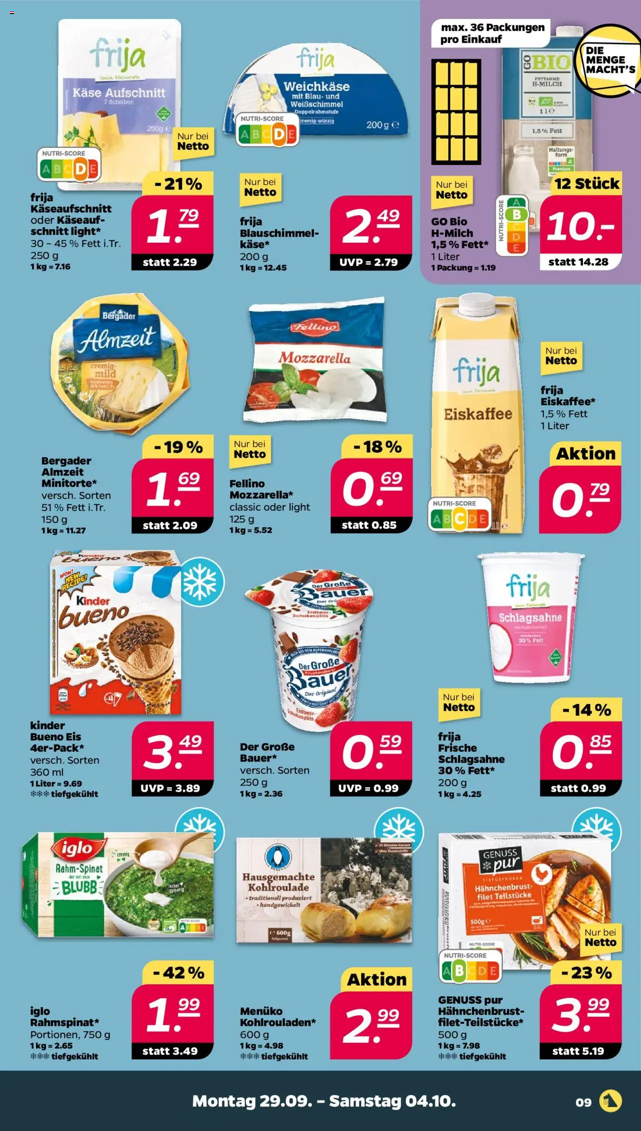 Netto Prospekt 	 – gültig ab 29.09.2025 | Seite: 9 | Produkte: Mozzarella, Iglo, Kinder bueno, Eis