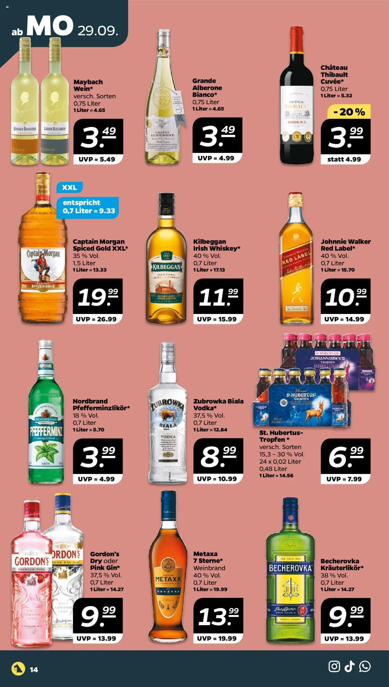 Netto Prospekt 	 – gültig ab 29.09.2025 | Seite: 14 | Produkte: Likör, Wasser, Vodka, Johnnie walker