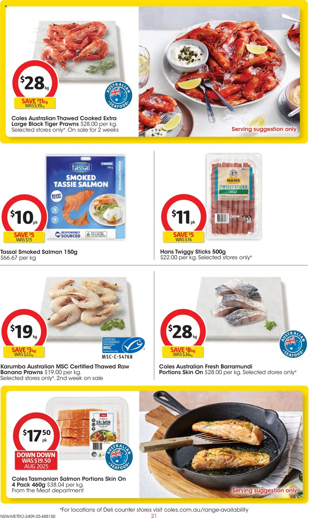 Coles catalogue - valid from 24.09.2025 | Page: 21 | Products: Meat, Prawns, Salmon, Seafood