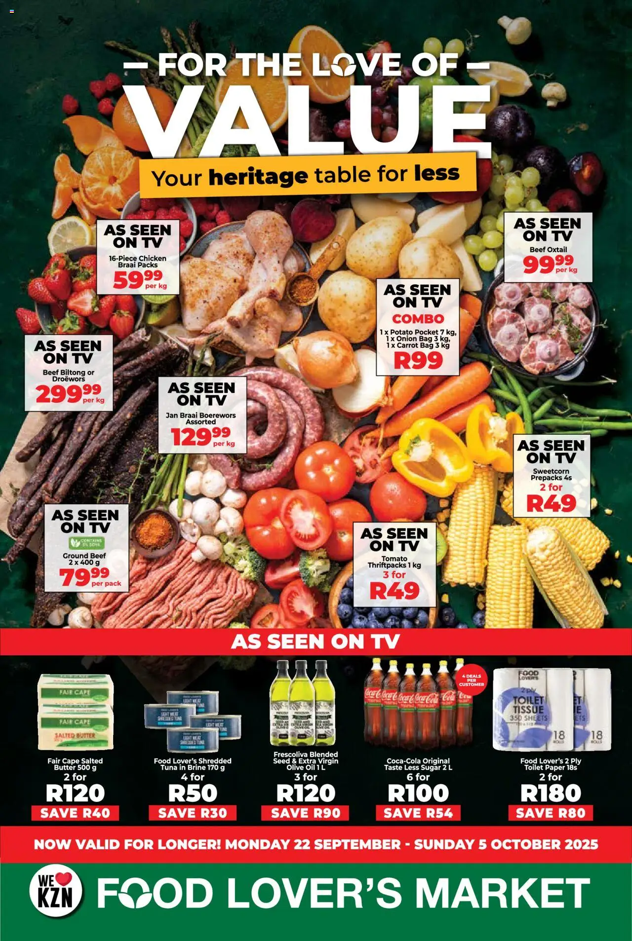 New Food Lover's Market catalogue – valid from 22.09.2025 | Page: 1 | Products: Bag, Table, Boerewors, Toilet paper