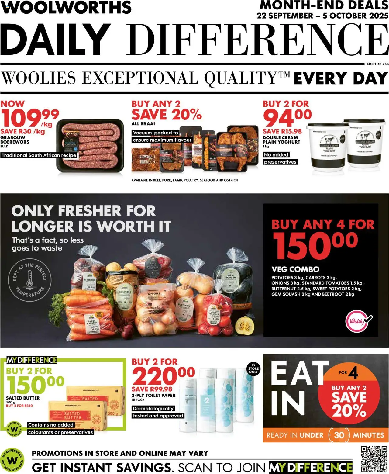 New Woolworths catalogue – valid from 22.09.2025 | Page: 1 | Products: Toilet, Butter, Tomatoes, Carrots