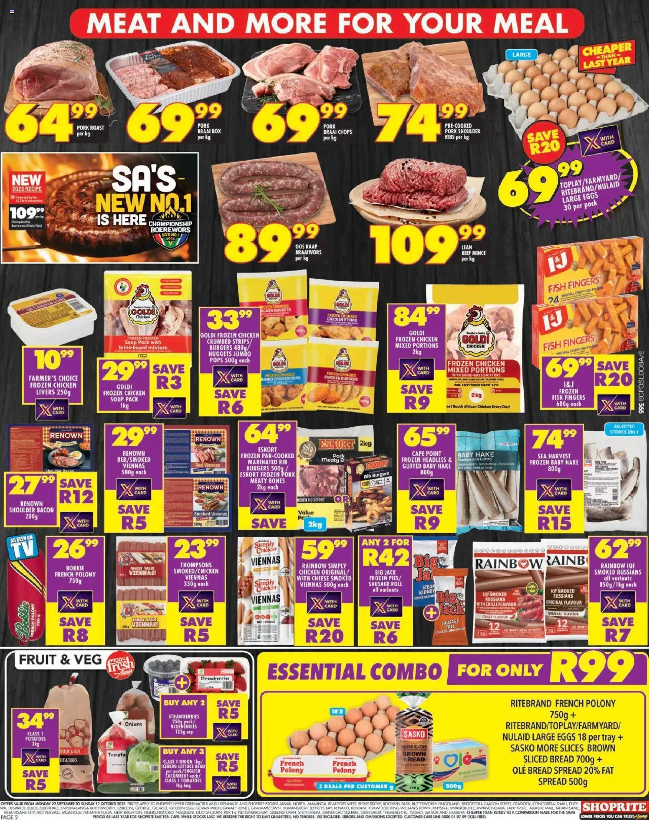New Shoprite catalogue – valid from 22.09.2025 | Page: 2 | Products: Steak, Boerewors, Beef, Onions