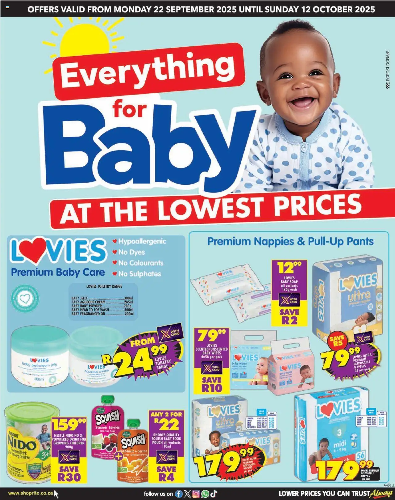 New Shoprite catalogue – valid from 22.09.2025 | Page: 5 | Products: Pants, Cream, Soap, Baby food