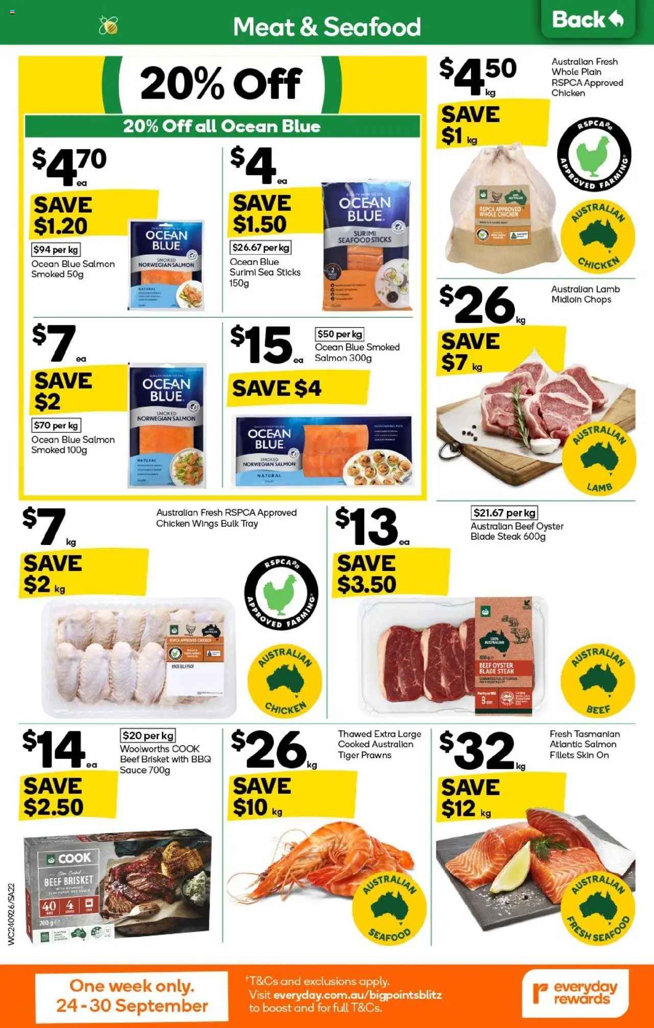 Woolworths catalogue - valid from 24.09.2025 | Page: 22 | Products: Meat, Salmon, Sauce, Seafood