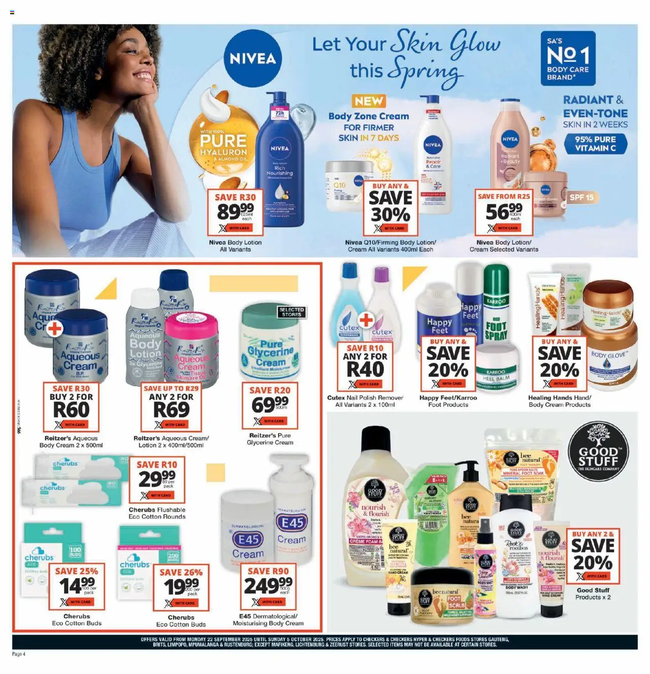 New Checkers catalogue – valid from 22.09.2025 | Page: 4 | Products: Oil, Nail polish, Hand cream, Cotton buds