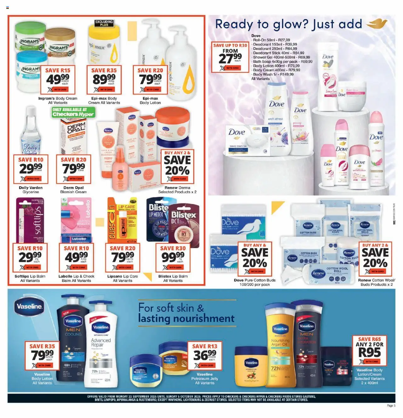New Checkers catalogue – valid from 22.09.2025 | Page: 5 | Products: Bath, Oil, Soap, Lip balm