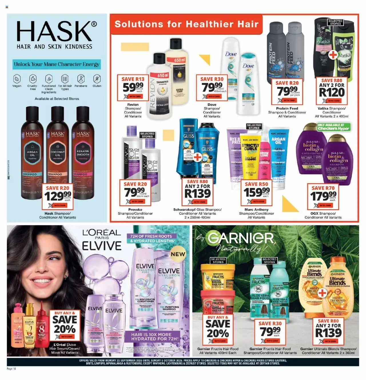New Checkers catalogue – valid from 22.09.2025 | Page: 10 | Products: Detergente líquido, Shampoo, Conditioner, Water