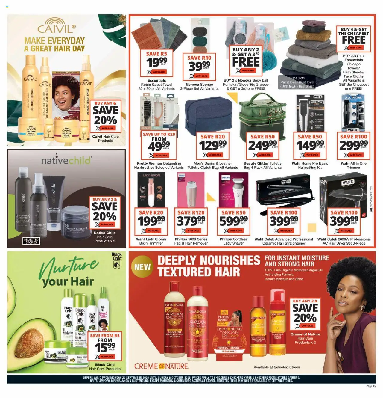 New Checkers catalogue – valid from 22.09.2025 | Page: 15 | Products: Hair straightener, Towel, Oil, Shampoo