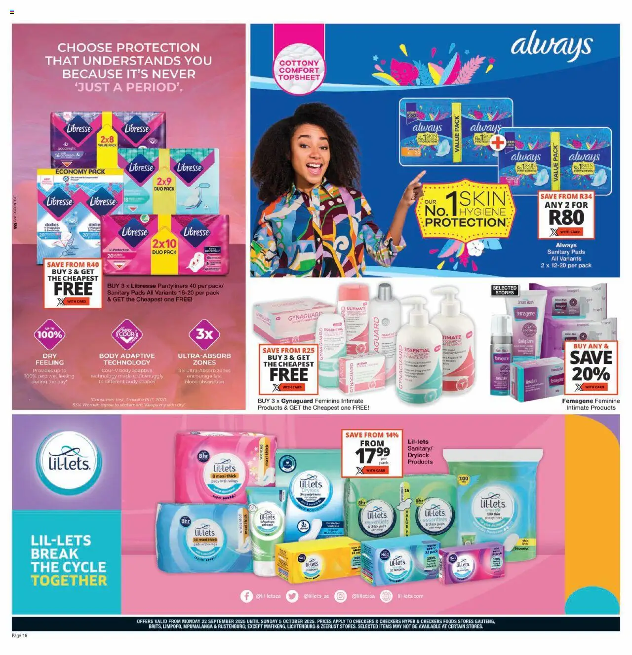 New Checkers catalogue – valid from 22.09.2025 | Page: 16 | Products: Intimate wash, Lock, Pads, Cream