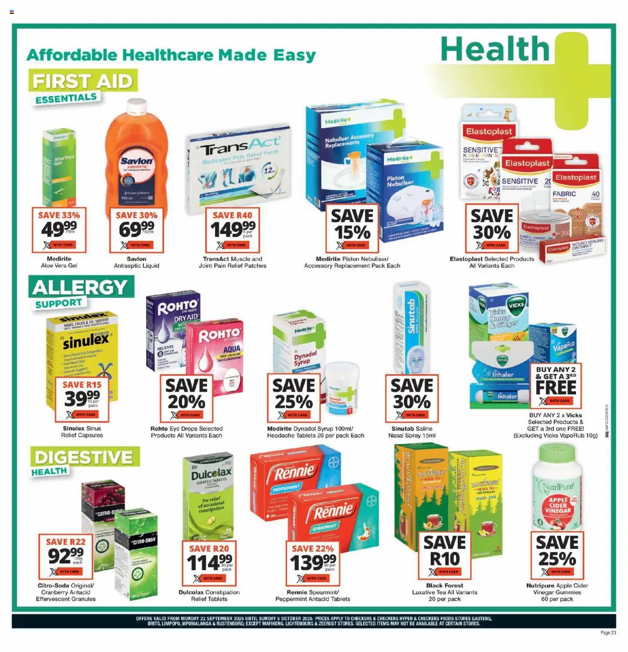New Checkers catalogue – valid from 22.09.2025 | Page: 23 | Products: Antiseptic liquid, Vinegar, Tea, Nasal spray