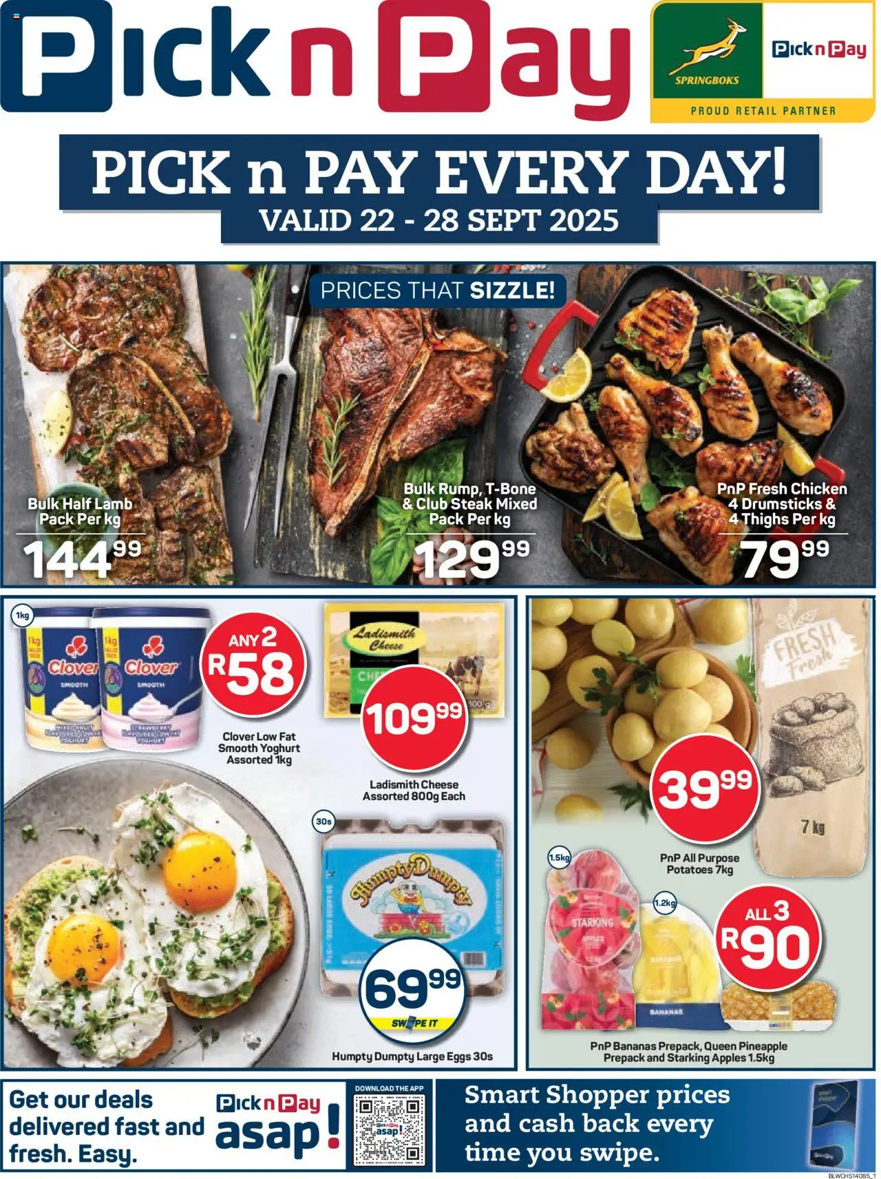 New Pick n Pay catalogue – valid from 22.09.2025 | Page: 1 | Products: Steak, Cheese, Eggs, Pineapple