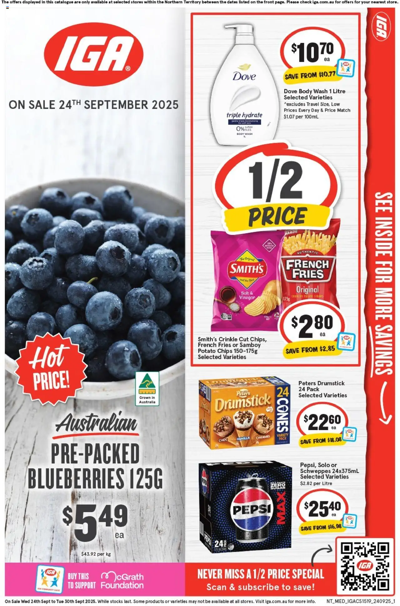 IGA catalogue - valid from 24.09.2025 | Page: 1 | Products: Pepsi, Chips, Straws, Blueberries