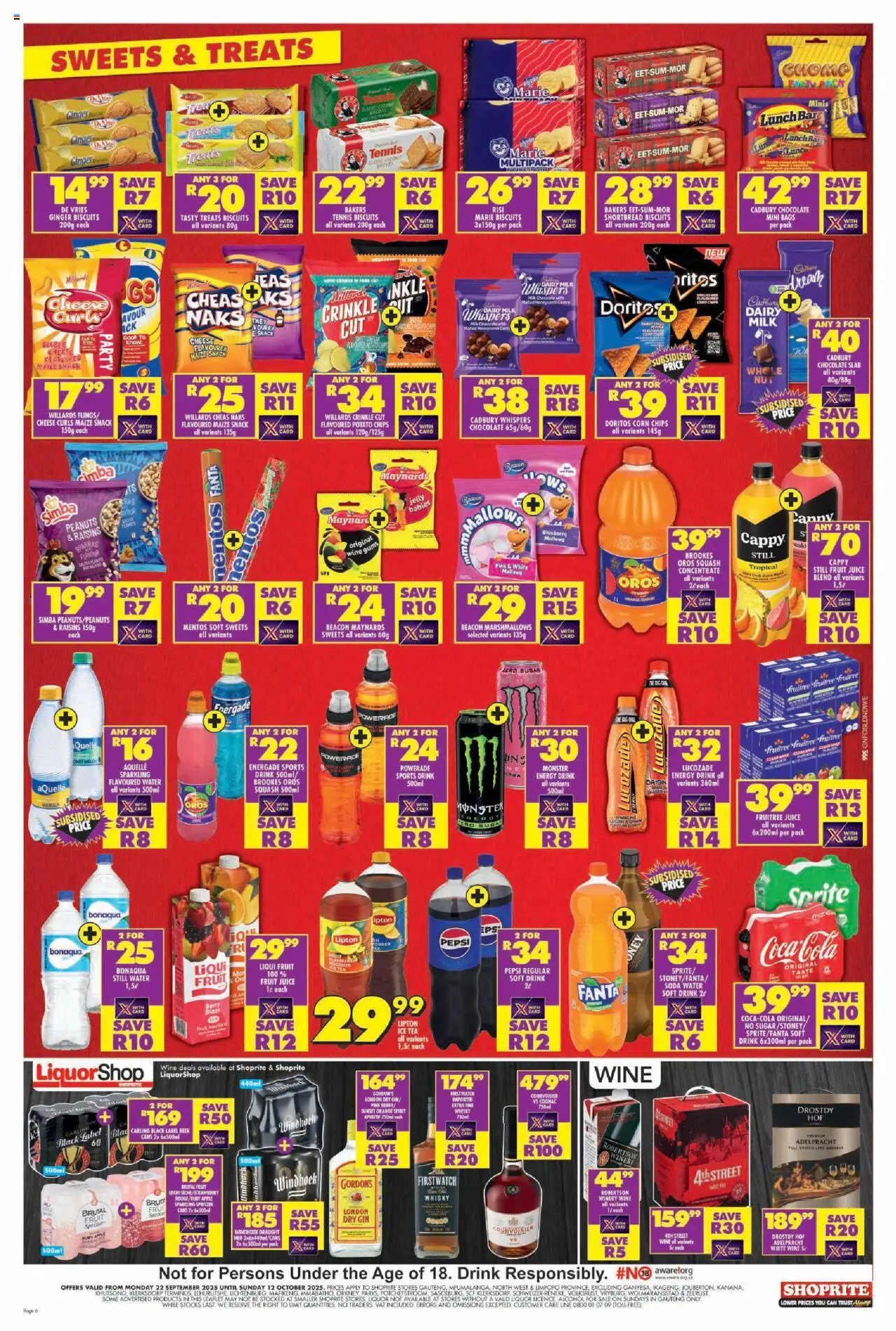 New Shoprite catalogue – valid from 22.09.2025 | Page: 6 | Products: Chocolate, Beer, Gin, Peanuts