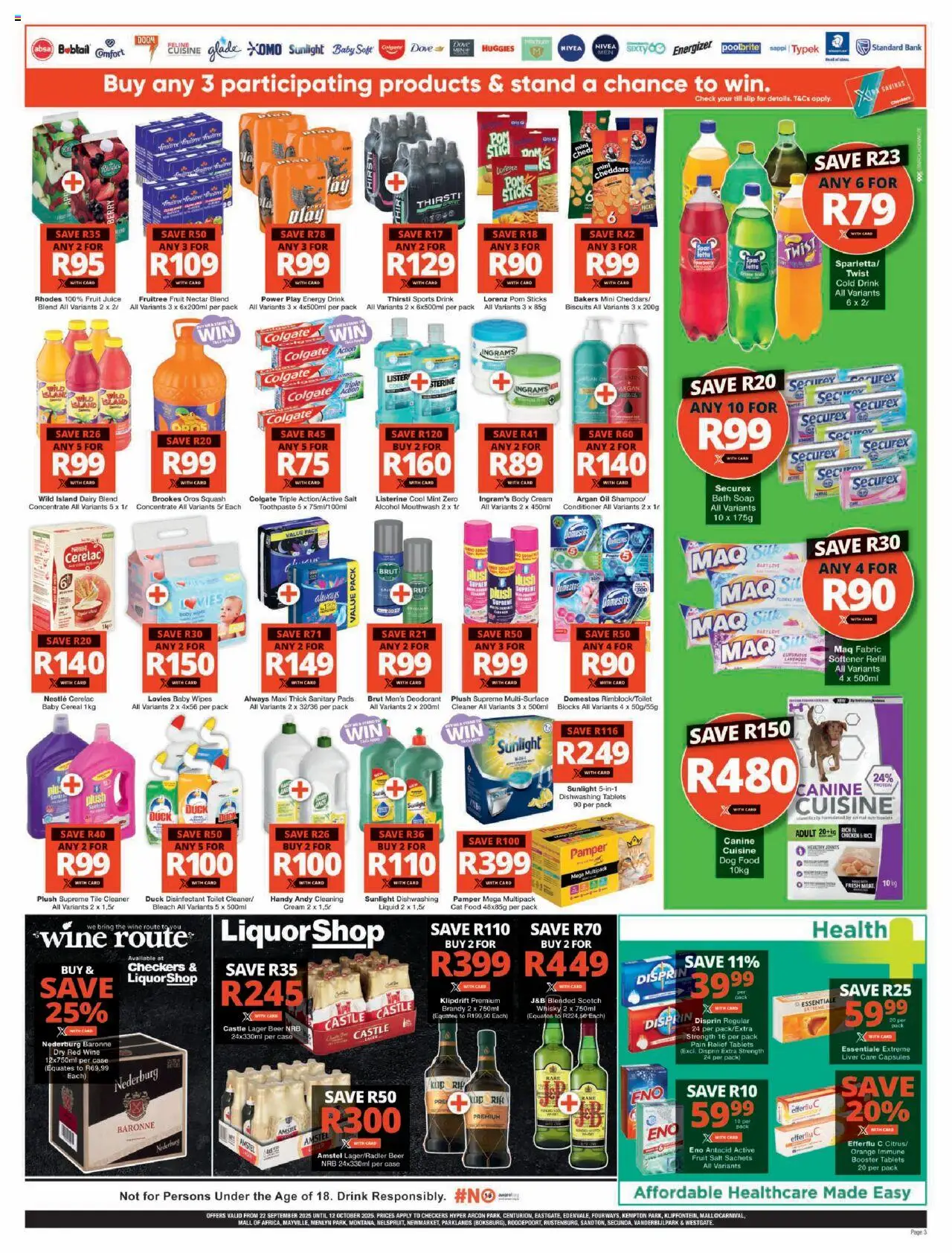 New Checkers catalogue – valid from 22.09.2025 | Page: 3 | Products: Disinfectant, Biscuits, Cream, Toothpaste