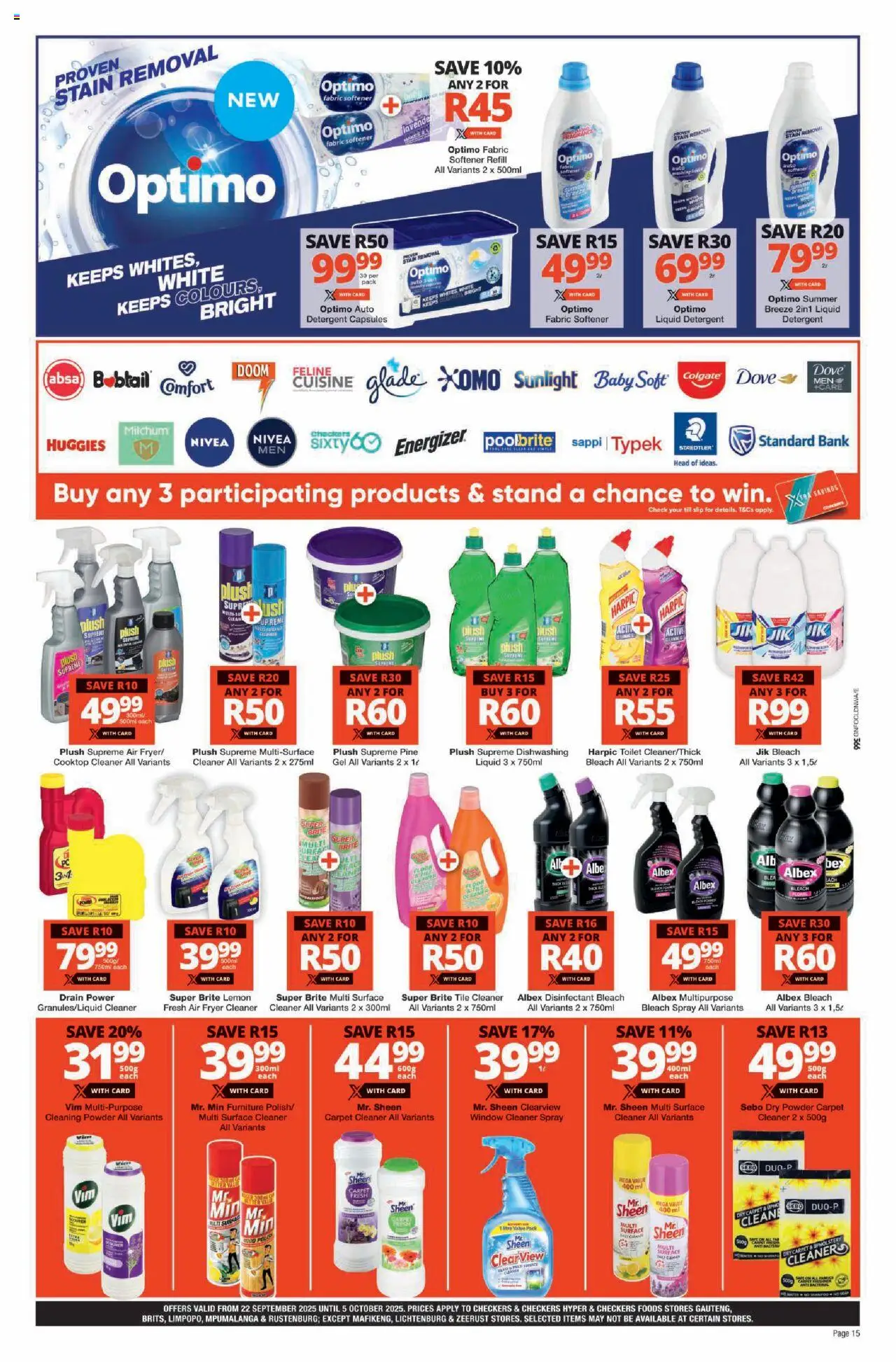 New Checkers catalogue – valid from 22.09.2025 | Page: 15 | Products: Carpet, Surface cleaner, Bleach, Water