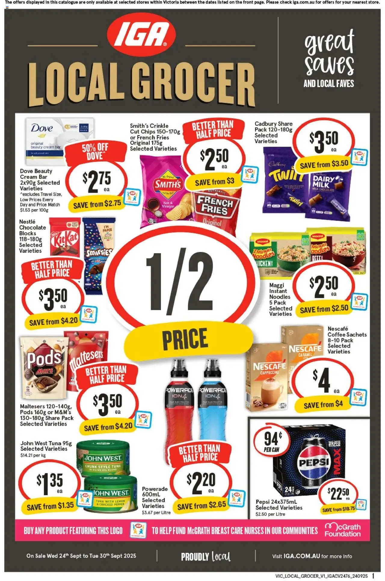 IGA catalogue - valid from 24.09.2025 | Page: 1 | Products: Coffee, Chocolate, Pepsi, Vinegar