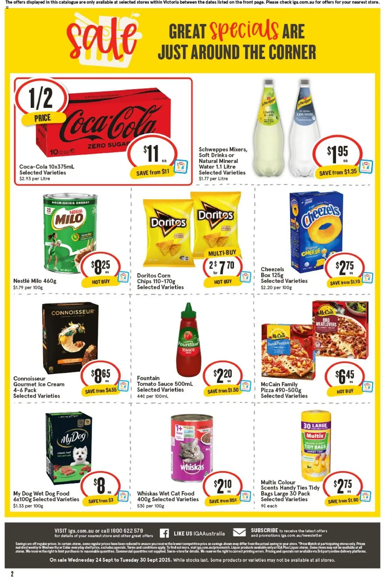IGA catalogue - valid from 24.09.2025 | Page: 8 | Products: Pizza, Coca Cola, Chips, Dog food