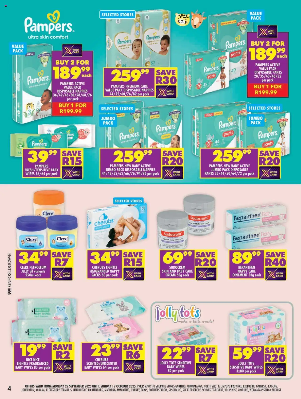 New Shoprite catalogue – valid from 22.09.2025 | Page: 4 | Products: Pants, Cream, Petroleum jelly, Nappies
