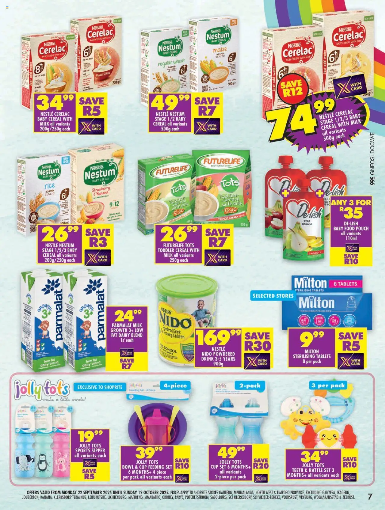 New Shoprite catalogue – valid from 22.09.2025 | Page: 7 | Products: Milk, Baby food, Water, Dairy blend