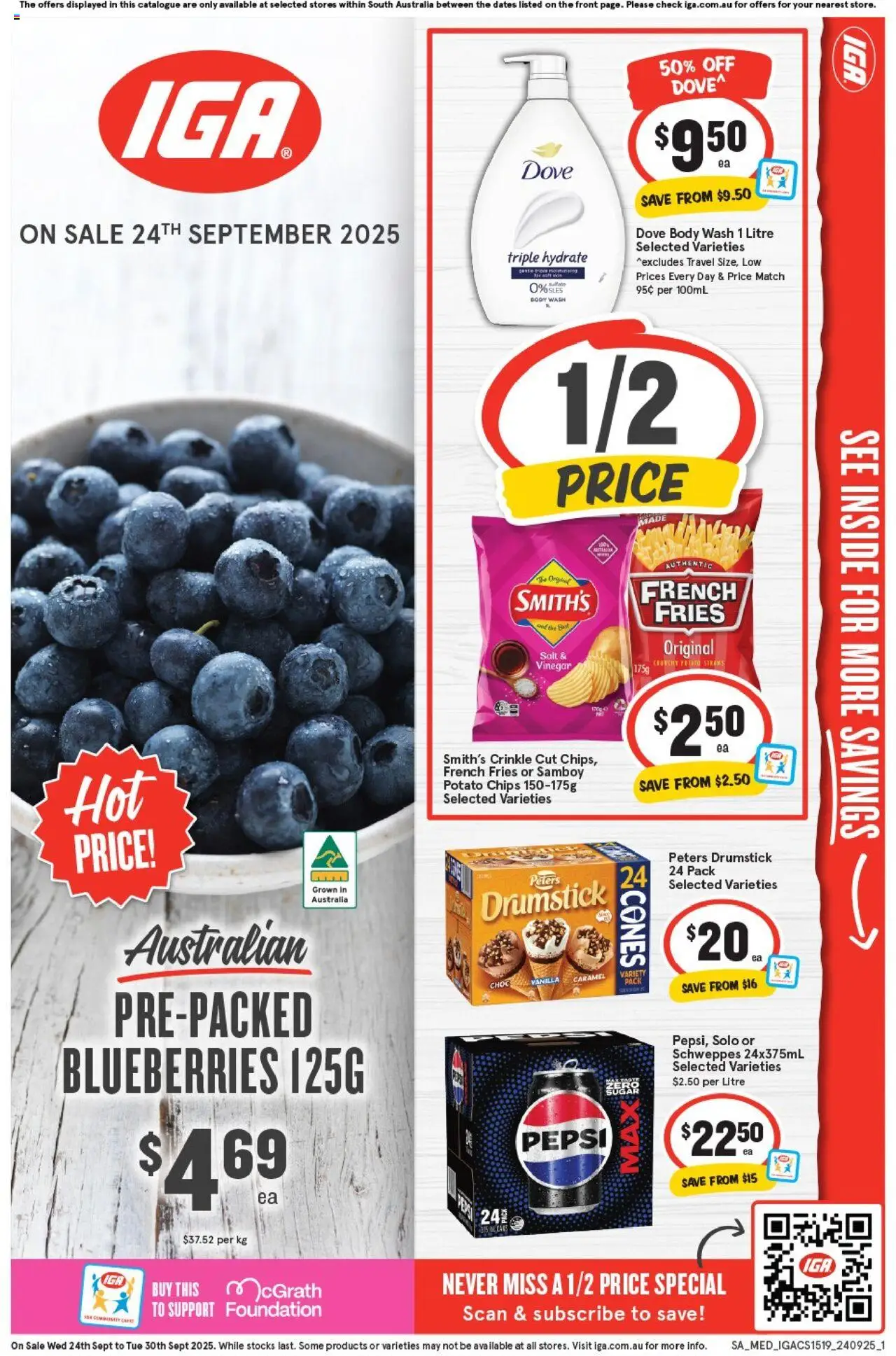 IGA catalogue - valid from 24.09.2025 | Page: 1 | Products: Pepsi, Vinegar, Blueberries, Foundation