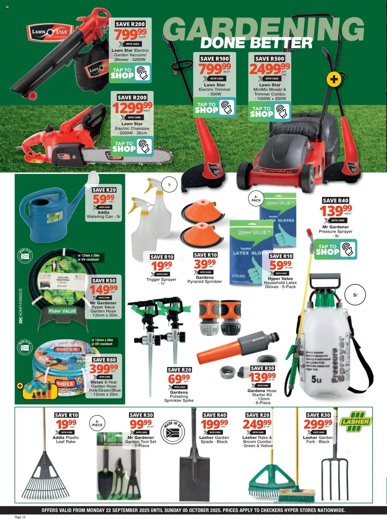 New Checkers catalogue – valid from 22.09.2025 | Page: 14 | Products: Gloves, Mower, Broom, Garden hose