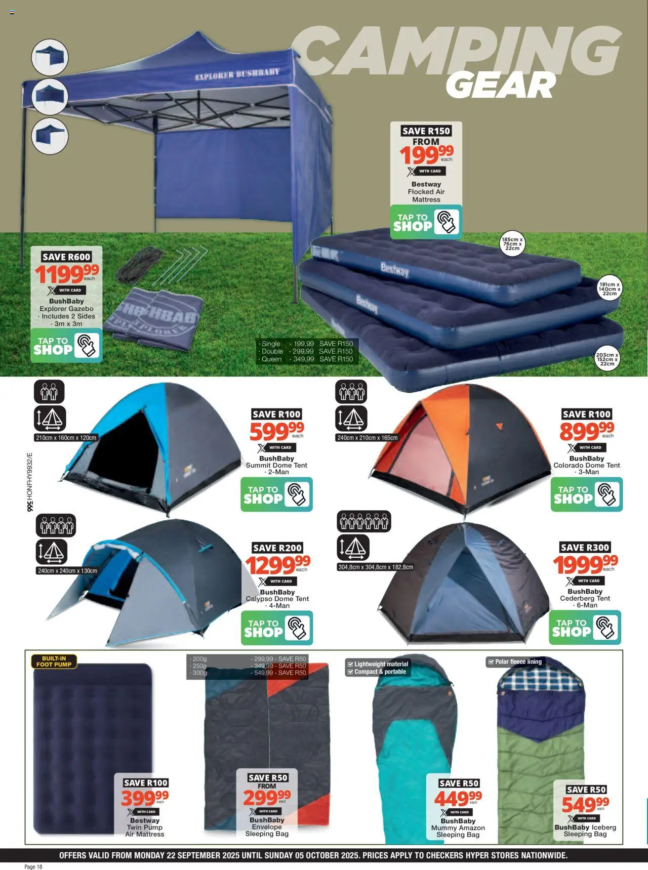 New Checkers catalogue – valid from 22.09.2025 | Page: 18 | Products: Bag, Mattress, Tent, Tap