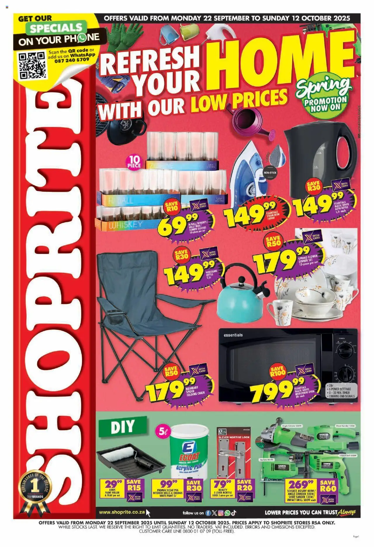 New Shoprite catalogue – valid from 22.09.2025 | Page: 1 | Products: Phone, Tray, Chair, Angle grinder